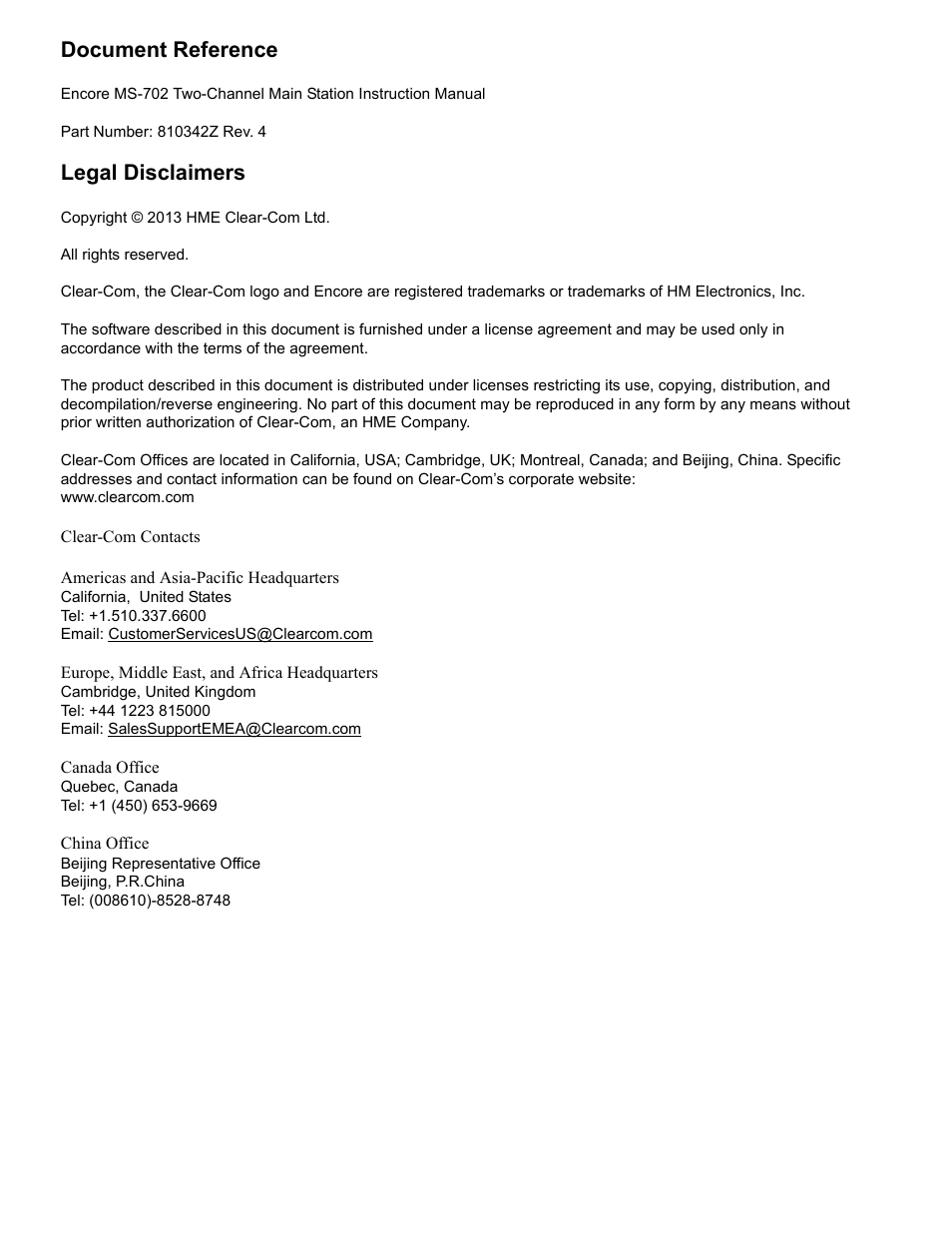 Document reference, Legal disclaimers | Clear-Com MS-702 User Manual | Page 2 / 32