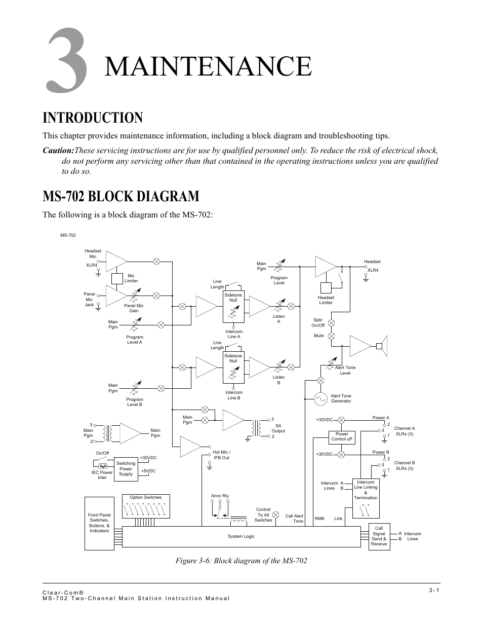 Maintenance, Introduction, Ms-702 block diagram | Maintenance -1, Introduction -1 ms-702 block diagram -1, The following is a block diagram of the ms-702 | Clear-Com MS-702 User Manual | Page 21 / 32