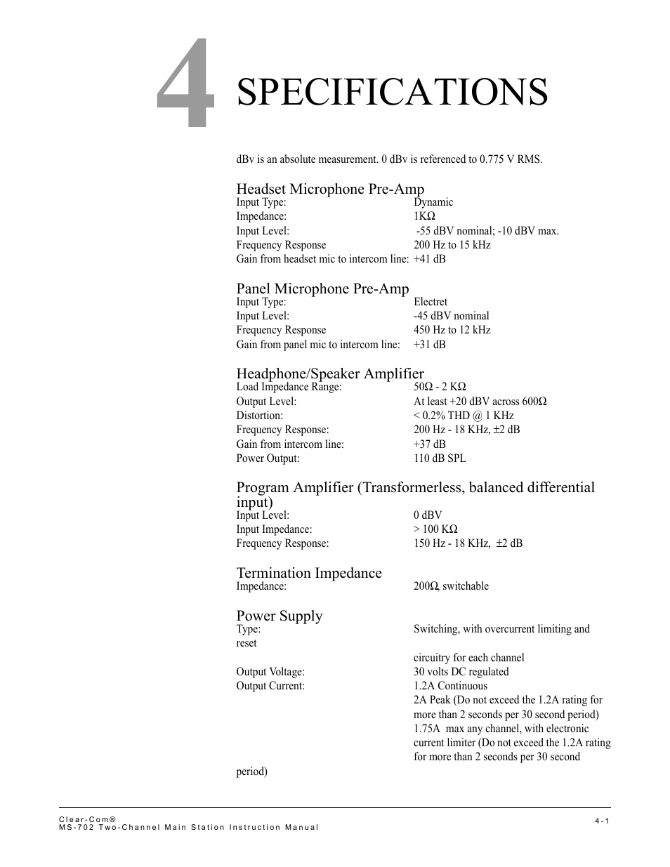 Specifications, Specifications -1 | Clear-Com MS-702 User Manual | Page 25 / 32