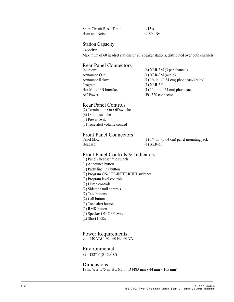 Station capacity, Rear panel connectors, Rear panel controls | Front panel connectors, Front panel controls & indicators, Power requirements, Environmental, Dimensions | Clear-Com MS-702 User Manual | Page 26 / 32