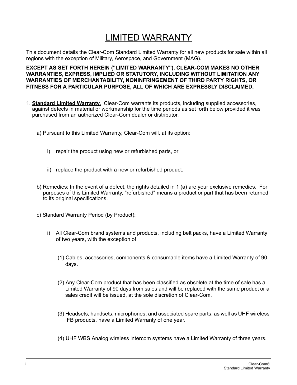 Limited warranty | Clear-Com MS-702 User Manual | Page 29 / 32