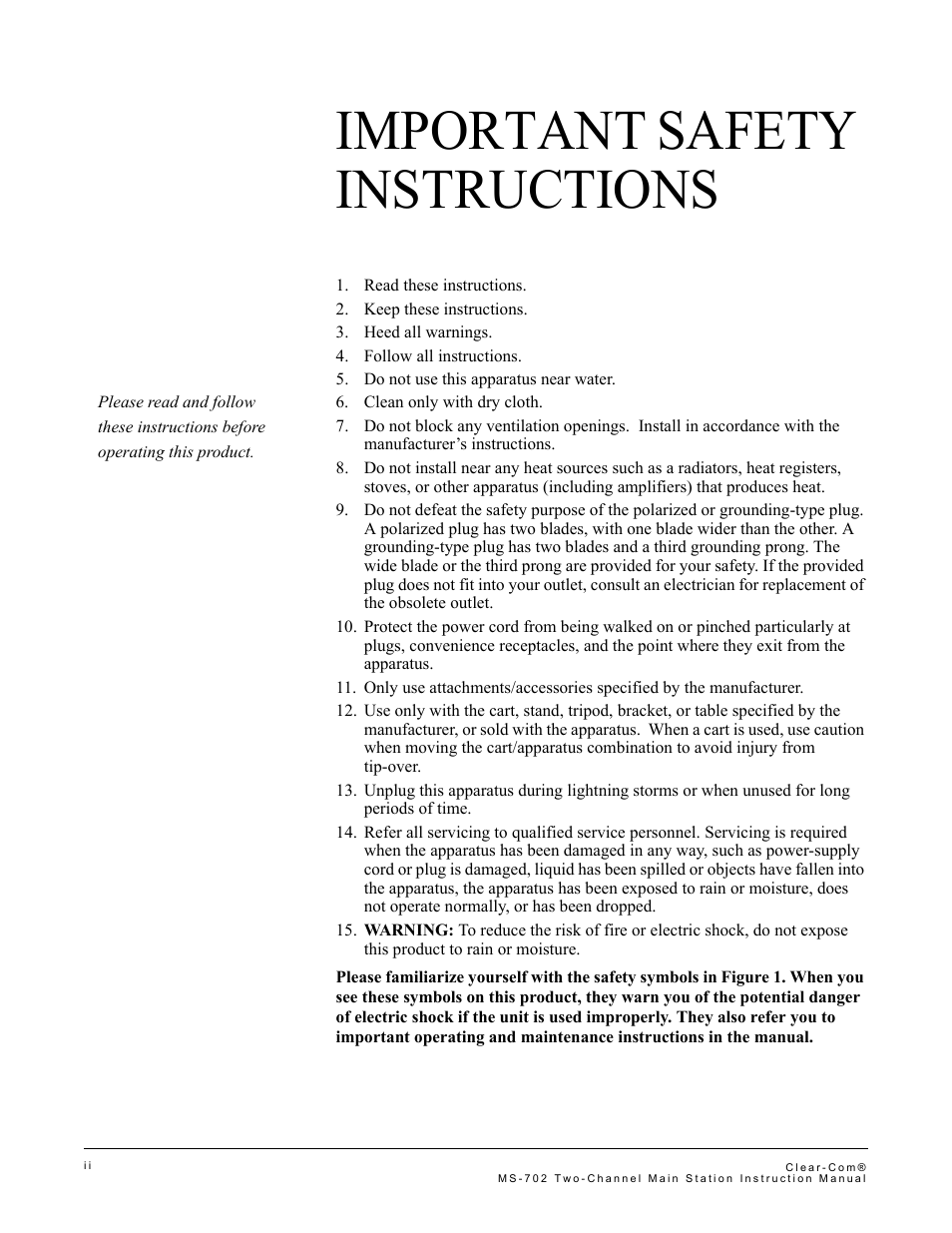 Important safety instructions | Clear-Com MS-702 User Manual | Page 5 / 32