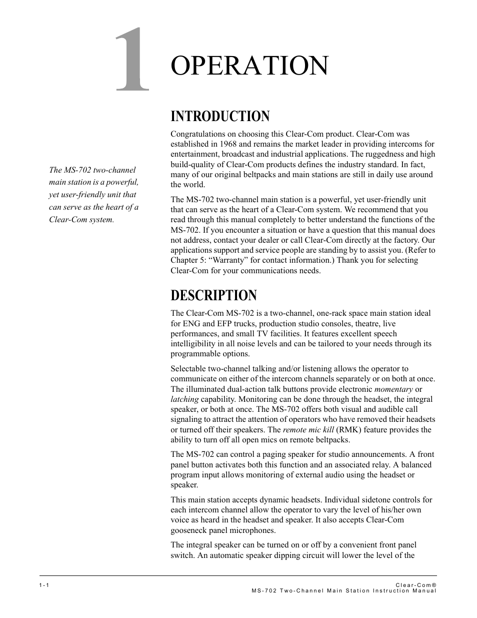 Operation, Introduction, Description | Operation -1, Introduction -1 description -1 | Clear-Com MS-702 User Manual | Page 7 / 32