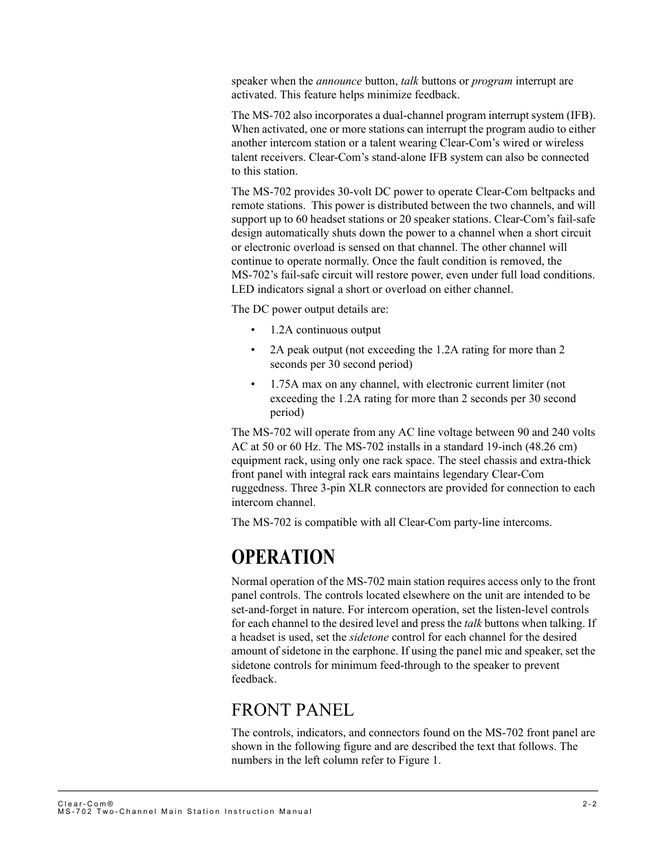 Operation, Front panel, Operation -2 | Front panel -2 | Clear-Com MS-702 User Manual | Page 8 / 32