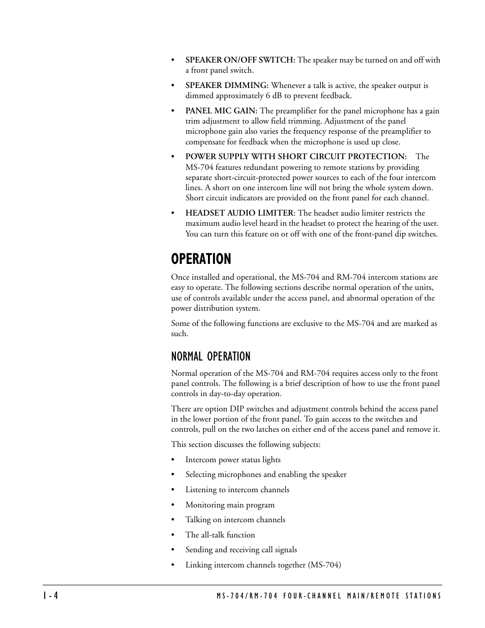 Operation, Normal operation, Operation -4 | Normal operation -4 | Clear-Com MS-704 User Manual | Page 10 / 40