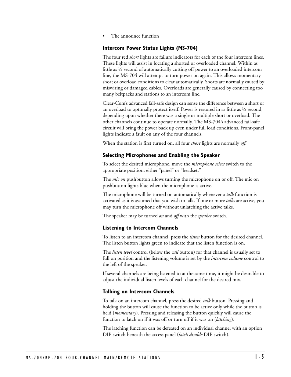 Intercom power status lights (ms-704), Selecting microphones and enabling the speaker, Listening to intercom channels | Talking on intercom channels | Clear-Com MS-704 User Manual | Page 11 / 40