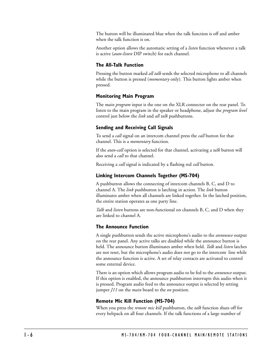 The all-talk function, Monitoring main program, Sending and receiving call signals | Linking intercom channels together (ms-704), The announce function, Remote mic kill function (ms-704) | Clear-Com MS-704 User Manual | Page 12 / 40