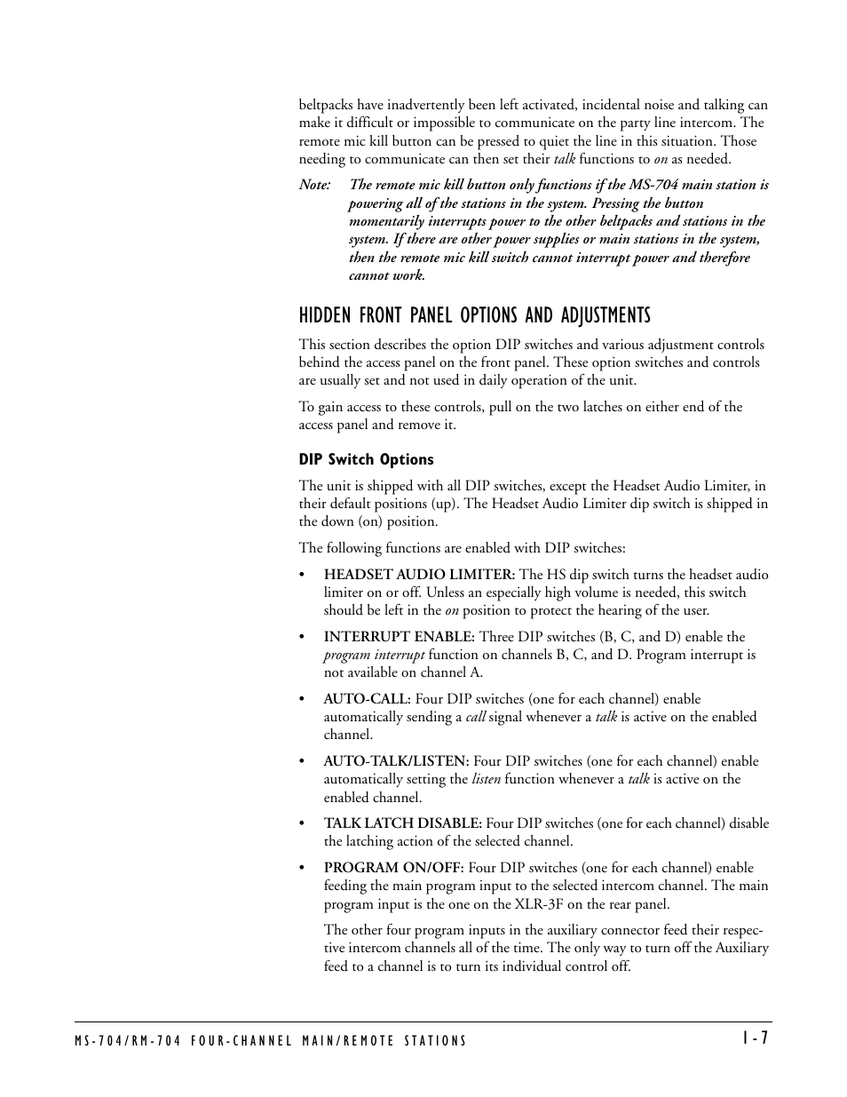 Hidden front panel options and adjustments, Dip switch options, Hidden front panel options and adjustments -7 | Dip switch options -7 | Clear-Com MS-704 User Manual | Page 13 / 40