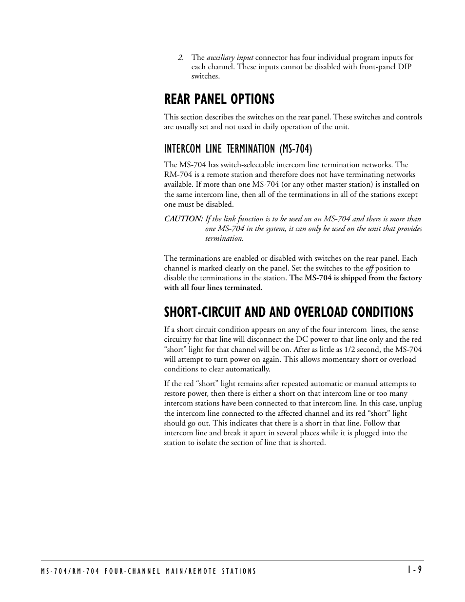 Rear panel options, Intercom line termination (ms-704), Short-circuit and and overload conditions | Rear panel options -9, Intercom line termination (ms-704) -9, Short-circuit and and overload conditions -9 | Clear-Com MS-704 User Manual | Page 15 / 40