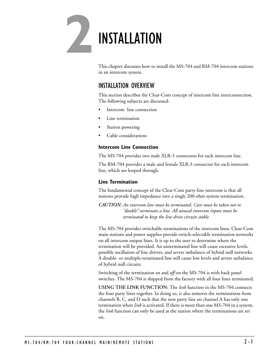 Installation, Installation overview, Intercom line connection | Line termination, Installation -1, Installation overview -1, Intercom line connection -1 line termination -1 | Clear-Com MS-704 User Manual | Page 17 / 40