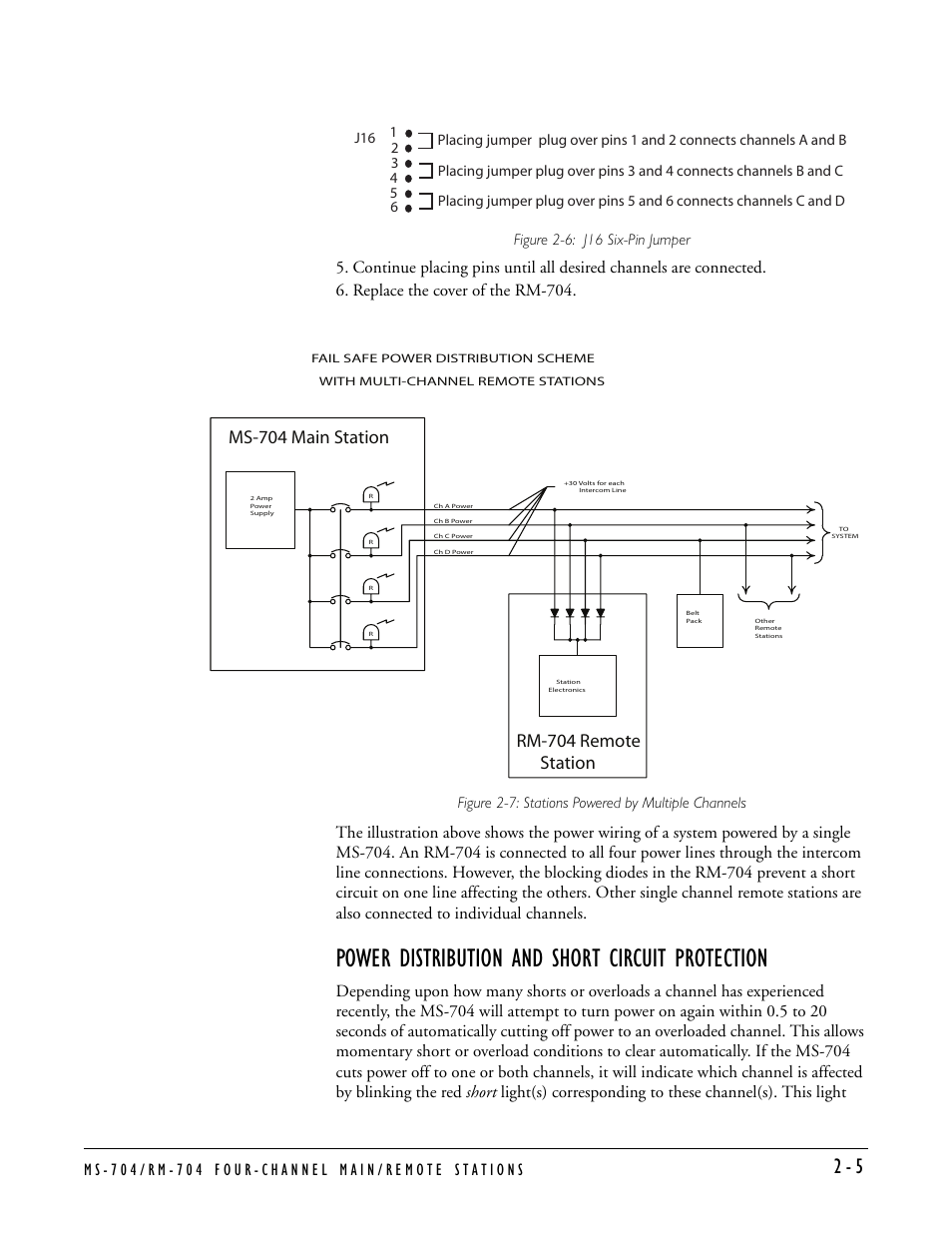 Power distribution and short circuit protection, Power distribution and short circuit protection -5, Figure 2-6: j16 six-pin jumper | Figure 2-7: stations powered by multiple channels | Clear-Com MS-704 User Manual | Page 21 / 40