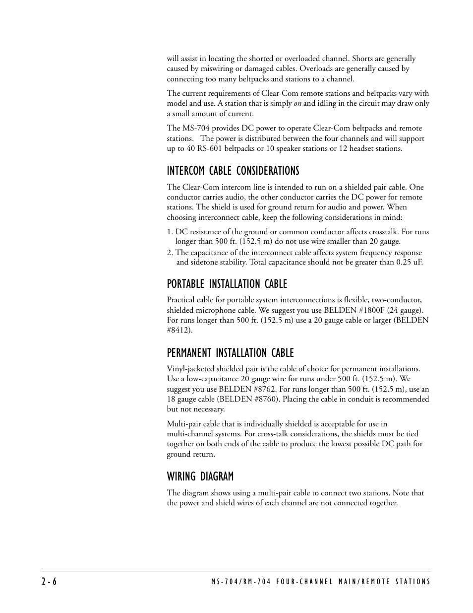 Intercom cable considerations, Portable installation cable, Permanent installation cable | Wiring diagram | Clear-Com MS-704 User Manual | Page 22 / 40