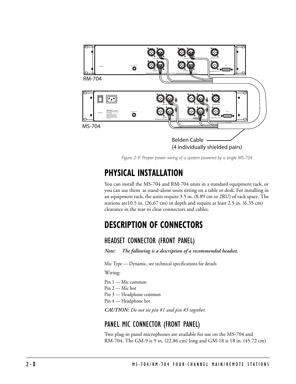 Physical installation, Description of connectors, Headset connector (front panel) | Panel mic connector (front panel), Belden cable (4 individually shielded pairs) | Clear-Com MS-704 User Manual | Page 24 / 40