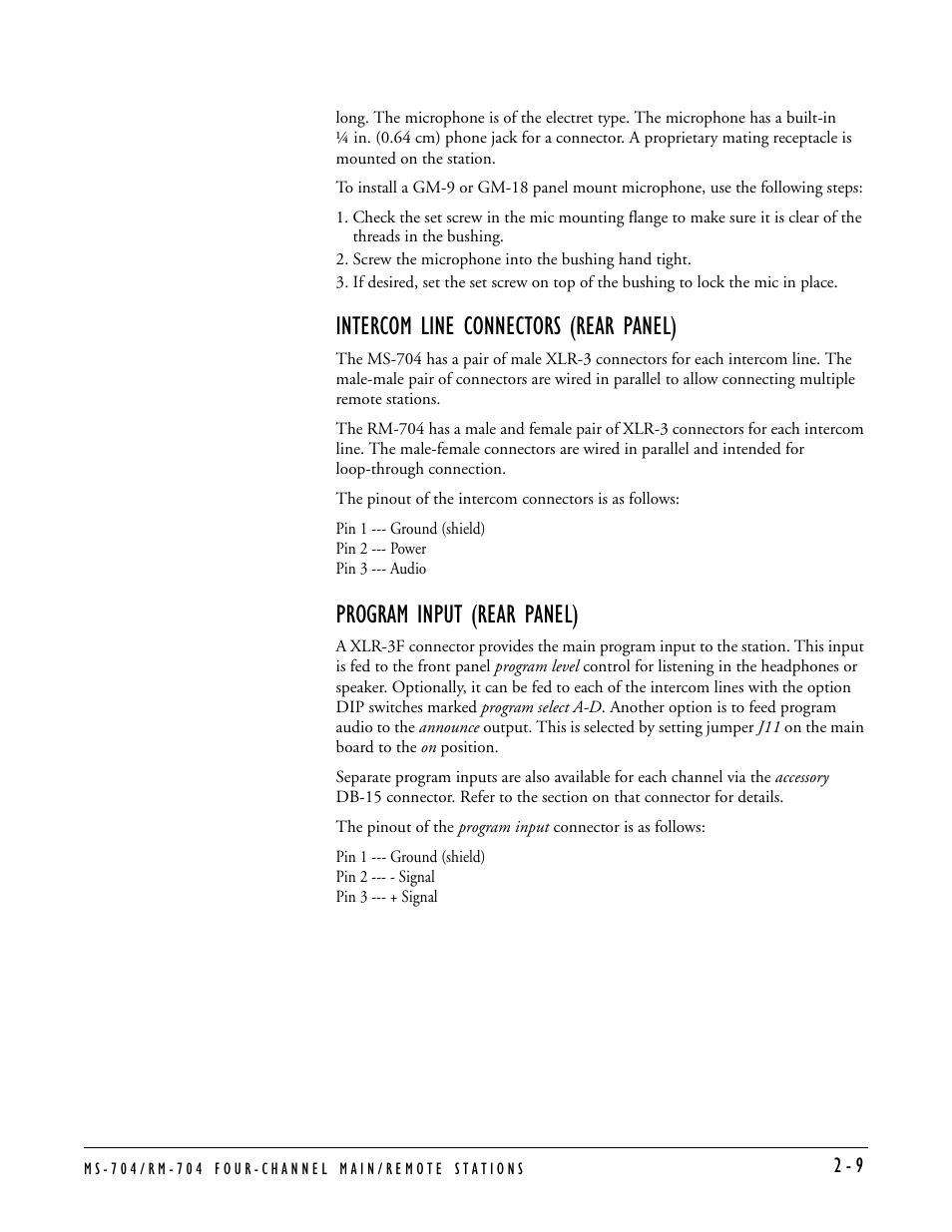 Intercom line connectors (rear panel), Program input (rear panel) | Clear-Com MS-704 User Manual | Page 25 / 40