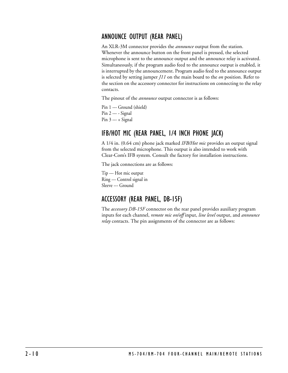 Announce output (rear panel), Ifb/hot mic (rear panel, 1/4 inch phone jack), Accessory (rear panel, db-15f) | Clear-Com MS-704 User Manual | Page 26 / 40