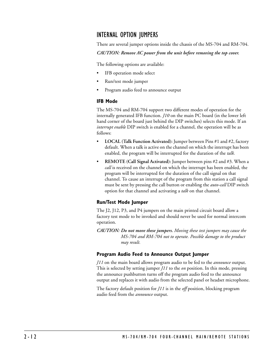 Internal option jumpers, Ifb mode, Run/test mode jumper | Program audio feed to announce output jumper, Internal option jumpers -12 | Clear-Com MS-704 User Manual | Page 28 / 40