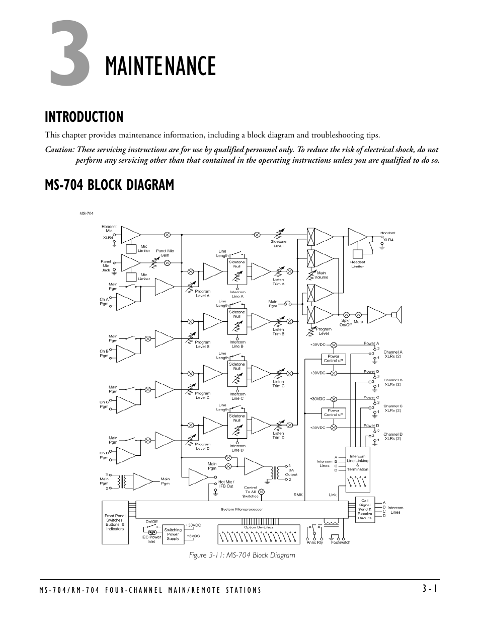 Maintenance, Introduction, Ms-704 block diagram | Maintenance -1, Introduction -1 ms-704 block diagram -1 | Clear-Com MS-704 User Manual | Page 29 / 40