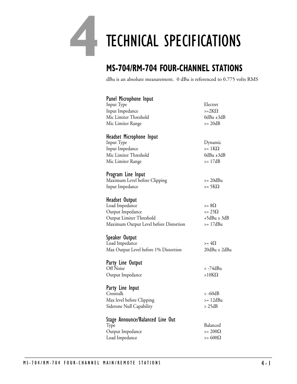 Technical specifications, Ms-704/rm-704 four-channel stations, Technical specifications -1 | Ms-704/rm-704 four-channel stations -1 | Clear-Com MS-704 User Manual | Page 31 / 40