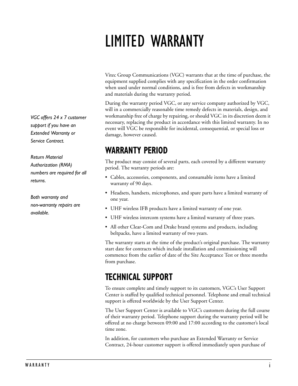 Limited warranty, Warranty period, Technical support | Limited warranty -i, Warranty period -i technical support -i | Clear-Com MS-704 User Manual | Page 37 / 40