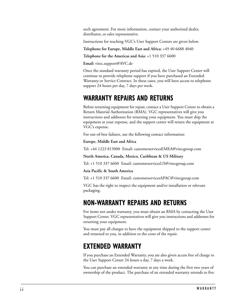 Warranty repairs and returns, Non-warranty repairs and returns, Extended warranty | Clear-Com MS-704 User Manual | Page 38 / 40