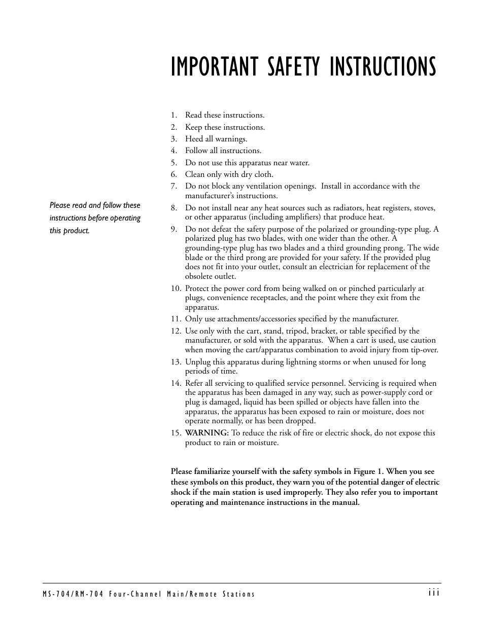 Important safety instructions | Clear-Com MS-704 User Manual | Page 5 / 40