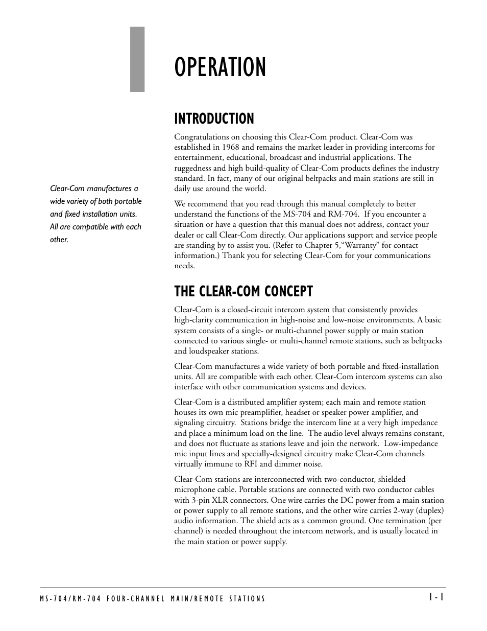 Operation, Introduction, The clear-com concept | Operation -1, Introduction -1 the clear-com concept -1 | Clear-Com MS-704 User Manual | Page 7 / 40