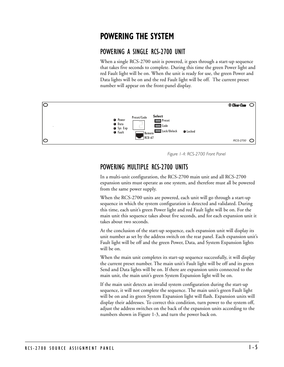 Powering the system, Powering a single rcs-2700 unit, Powering multiple rcs-2700 units | Powering the system -5 | Clear-Com RCS-2700 User Manual | Page 13 / 54