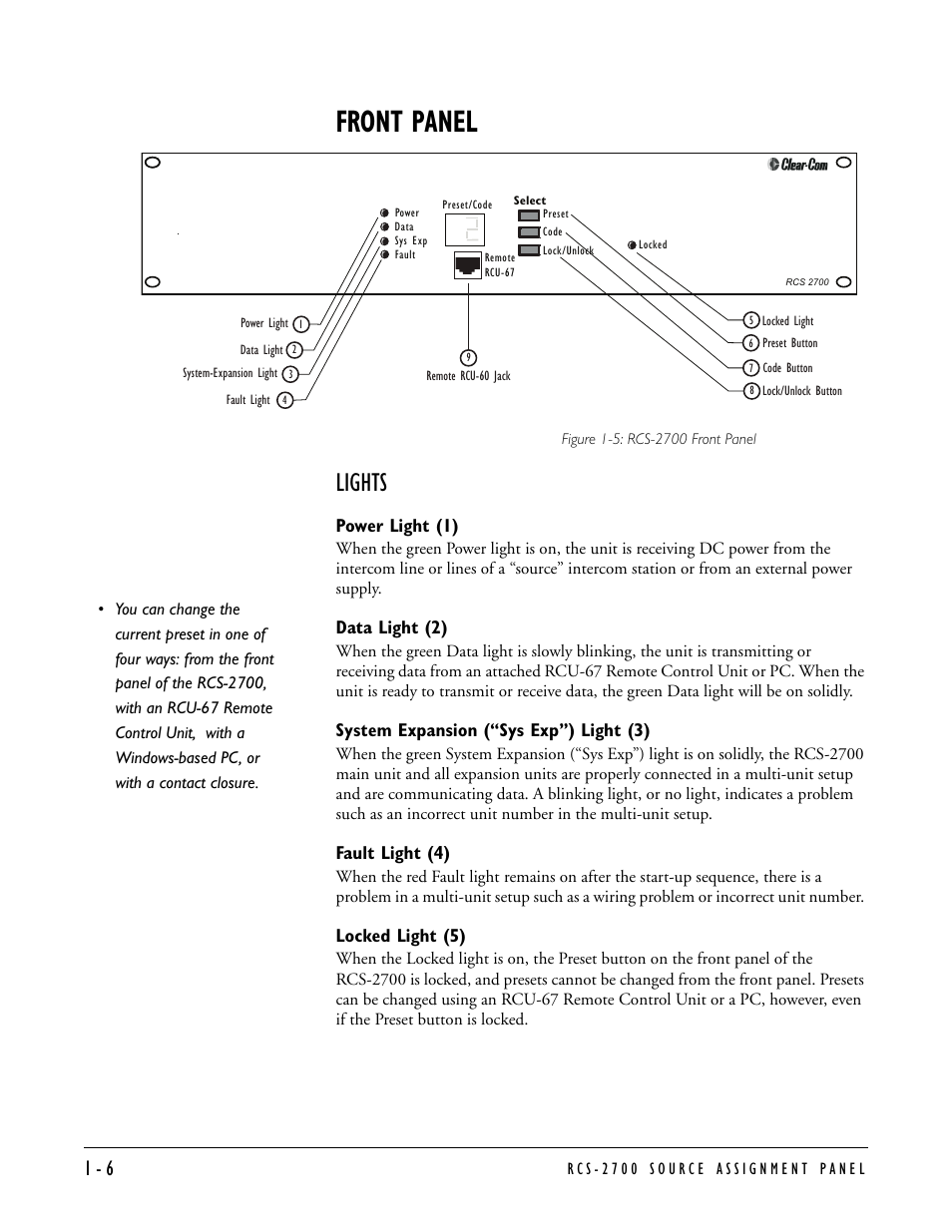 Front panel, Lights, Power light (1) | Data light (2), System expansion (“sys exp”) light (3), Fault light (4), Locked light (5), Front panel -6, Lights -6 | Clear-Com RCS-2700 User Manual | Page 14 / 54