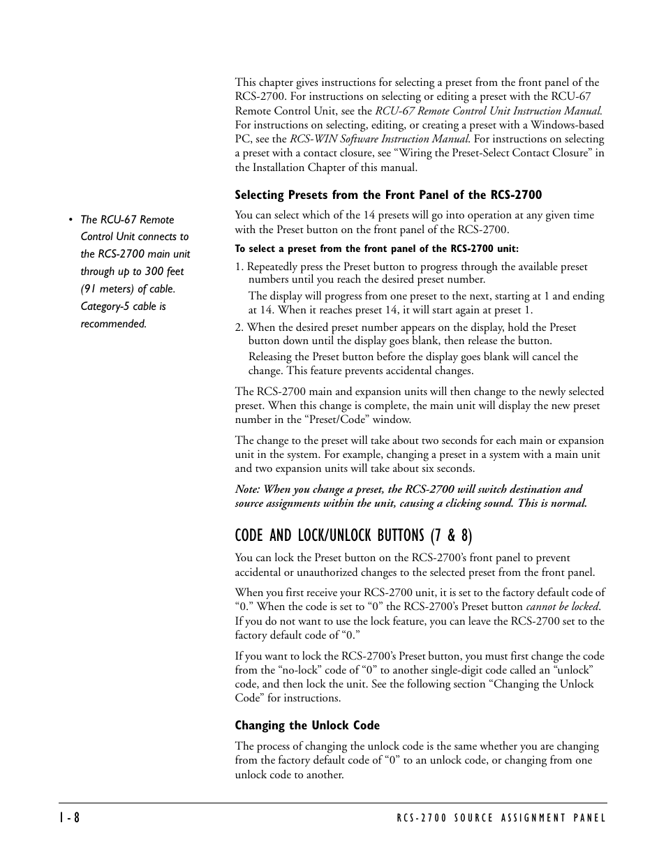 Code and lock/unlock buttons (7 & 8), Changing the unlock code, Code and lock/unlock buttons (7 & 8) -8 | Changing the unlock code -8 | Clear-Com RCS-2700 User Manual | Page 16 / 54