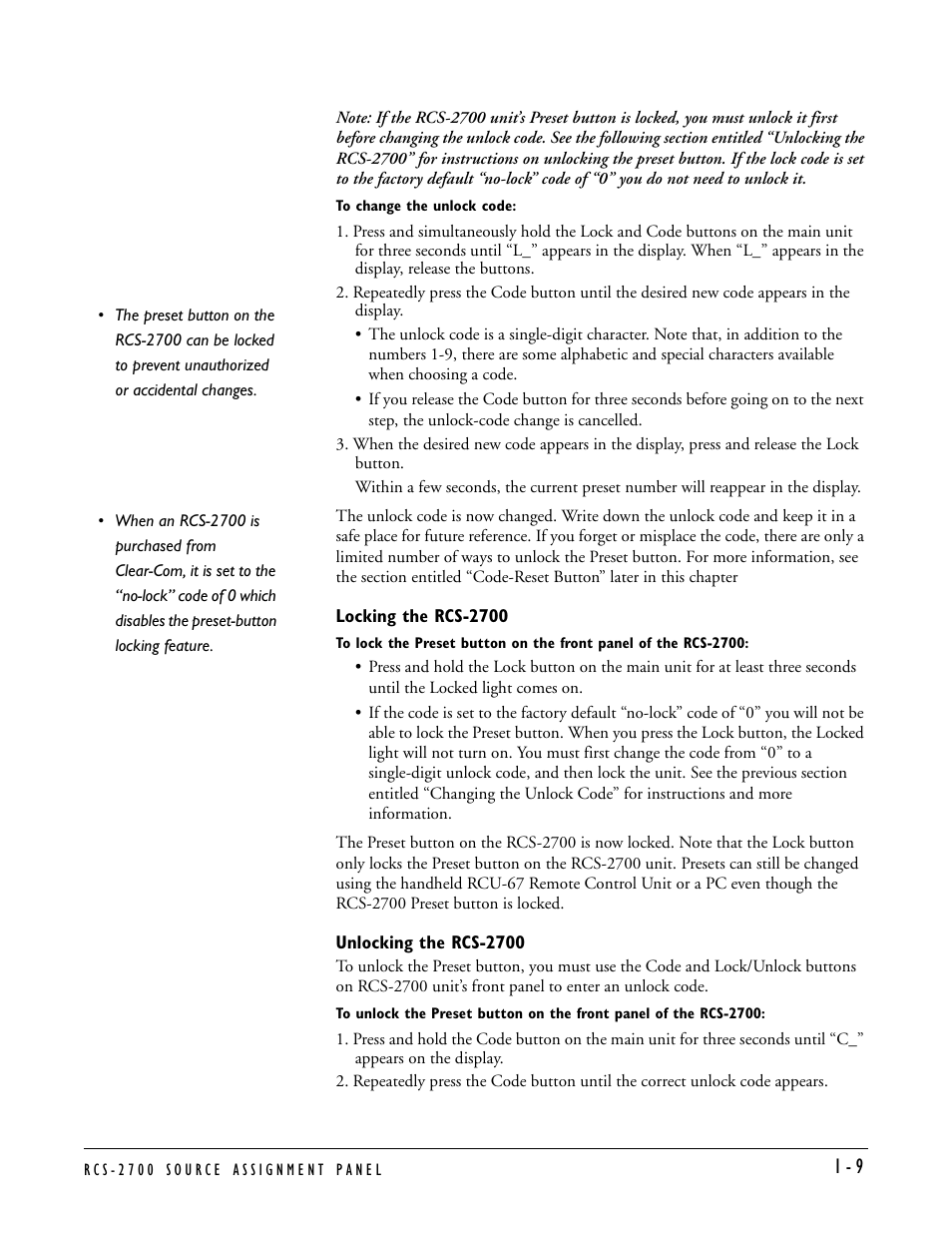 Locking the rcs-2700, Unlocking the rcs-2700, Locking the rcs-2700 -9 unlocking the rcs-2700 -9 | Clear-Com RCS-2700 User Manual | Page 17 / 54