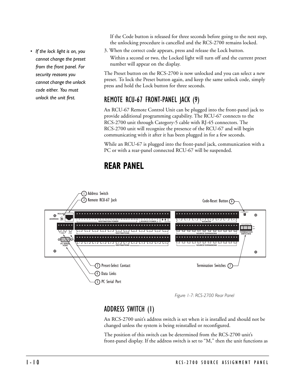 Remote rcu-67 front-panel jack (9), Rear panel, Address switch (1) | Remote rcu-67 front-panel jack (9) -10, Rear panel -10, Address switch (1) -10 | Clear-Com RCS-2700 User Manual | Page 18 / 54