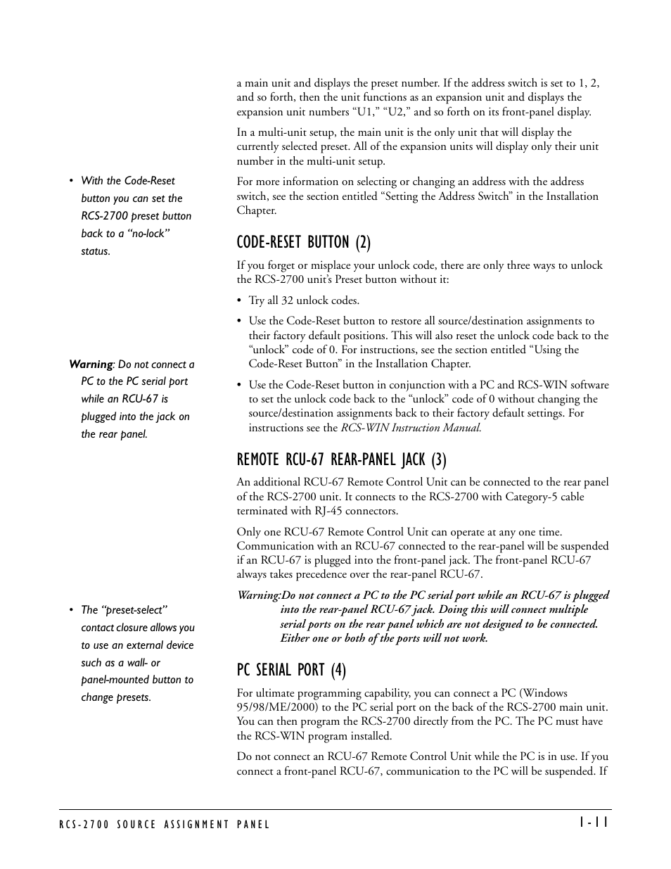 Code-reset button (2), Remote rcu-67 rear-panel jack (3), Pc serial port (4) | Clear-Com RCS-2700 User Manual | Page 19 / 54