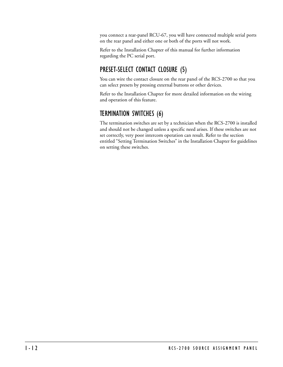 Preset-select contact closure (5), Termination switches (6) | Clear-Com RCS-2700 User Manual | Page 20 / 54