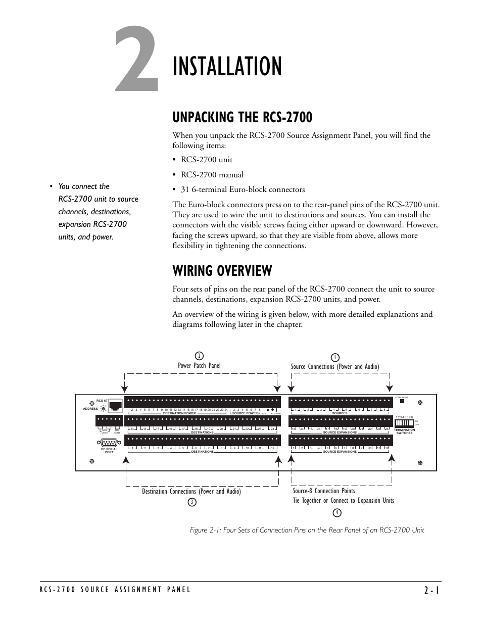 Installation, Unpacking the rcs-2700, Wiring overview | Installation -1, Unpacking the rcs-2700 -1 wiring overview -1 | Clear-Com RCS-2700 User Manual | Page 21 / 54