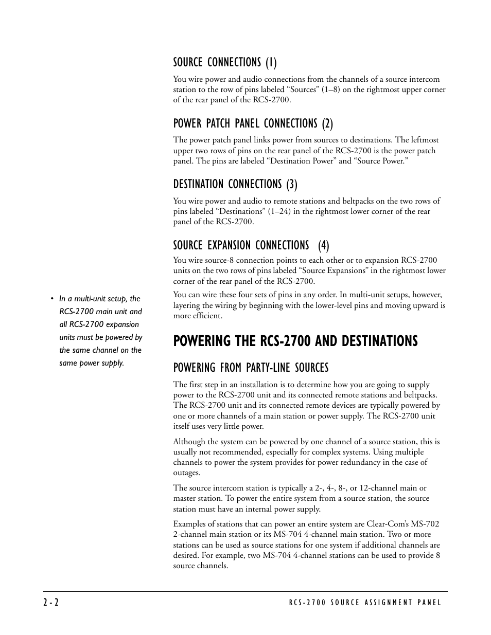 Source connections (1), Power patch panel connections (2), Destination connections (3) | Source expansion connections (4), Powering the rcs-2700 and destinations, Powering from party-line sources, Powering the rcs-2700 and destinations -2, Powering from party-line sources -2 | Clear-Com RCS-2700 User Manual | Page 22 / 54
