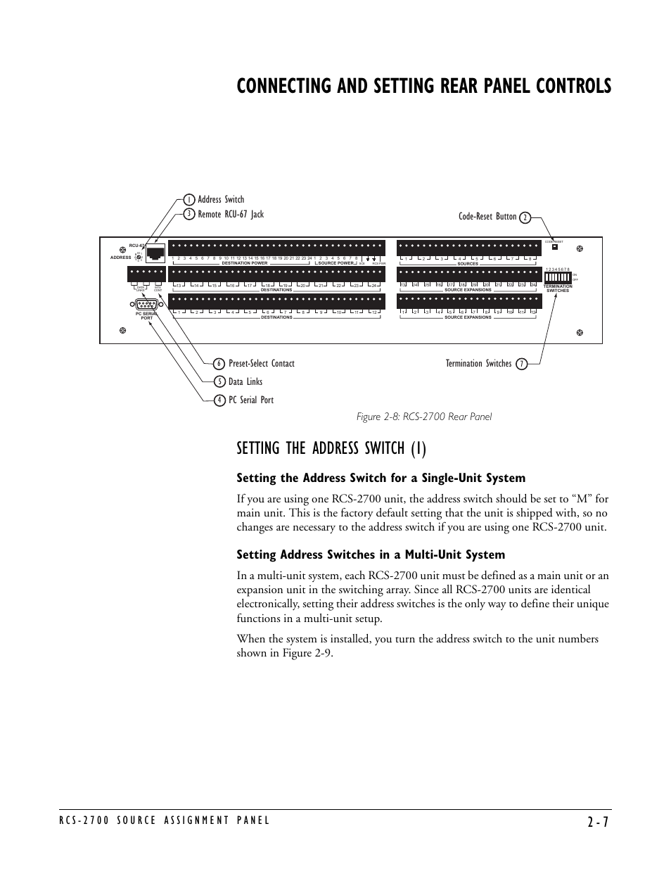 Connecting and setting rear panel controls, Setting the address switch (1), Setting address switches in a multi-unit system | Connecting and setting rear panel controls -7, Setting the address switch (1) -7 | Clear-Com RCS-2700 User Manual | Page 27 / 54