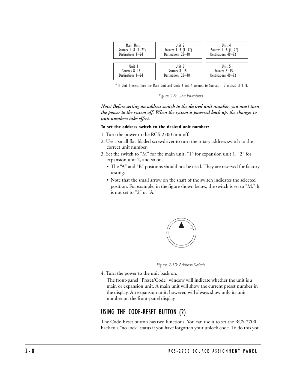 Using the code-reset button (2), Using the code-reset button (2) -8 | Clear-Com RCS-2700 User Manual | Page 28 / 54