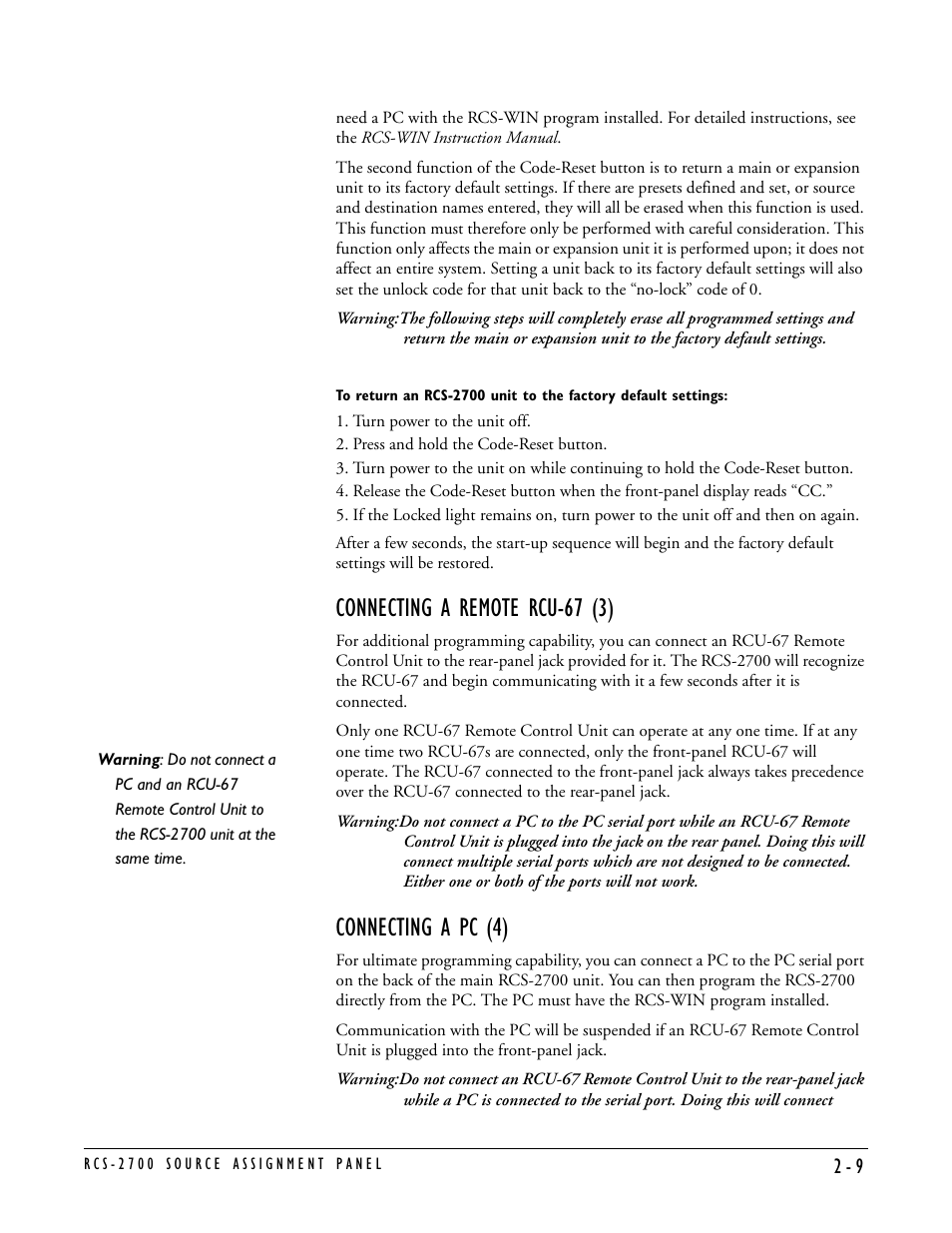 Connecting a remote rcu-67 (3), Connecting a pc (4) | Clear-Com RCS-2700 User Manual | Page 29 / 54