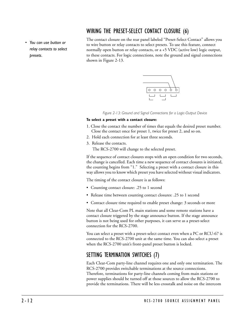 Wiring the preset-select contact closure (6), Setting termination switches (7) | Clear-Com RCS-2700 User Manual | Page 32 / 54