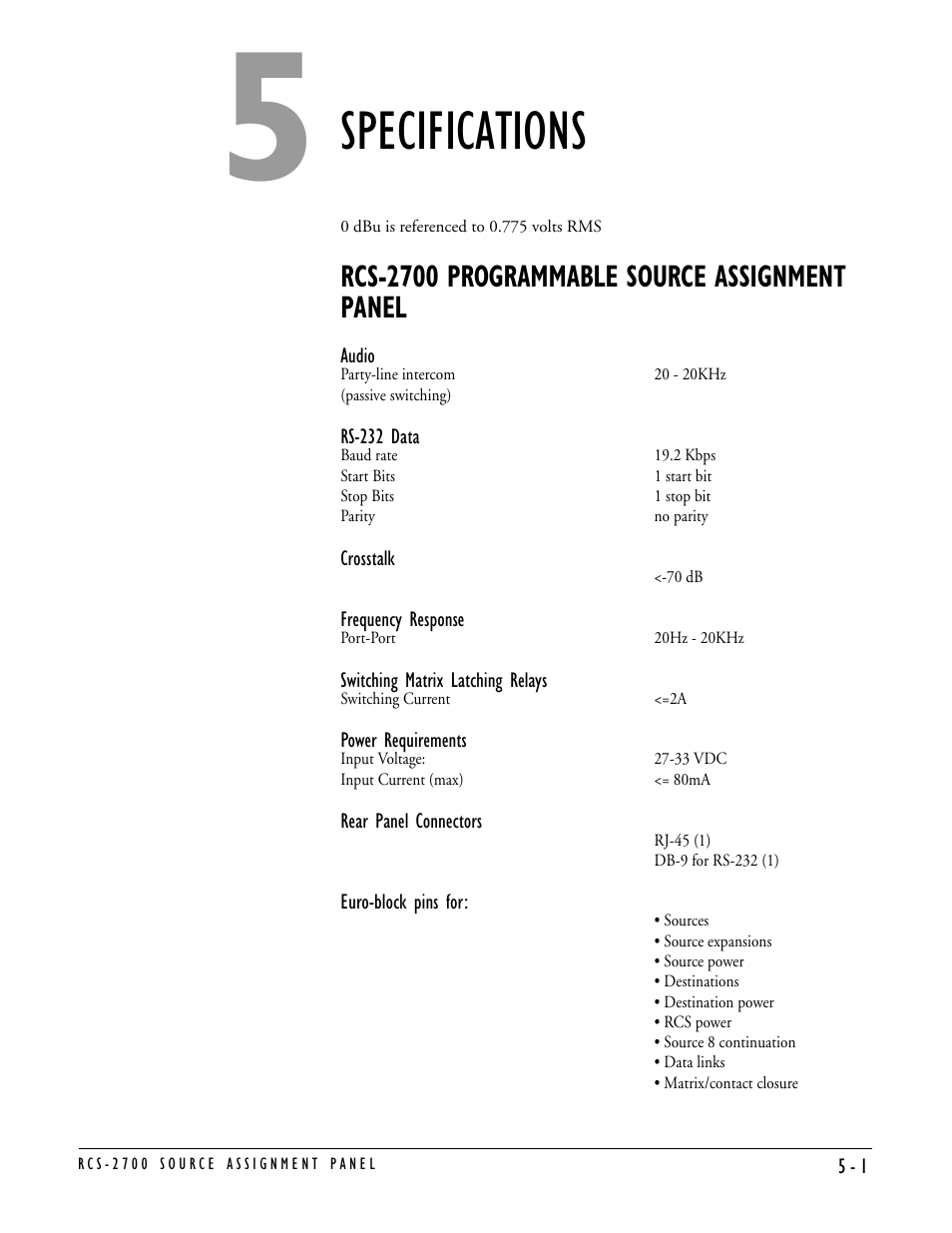 Specifications, Rcs-2700 programmable source assignment panel, Specifications -1 | Rcs-2700 programmable source assignment panel -1 | Clear-Com RCS-2700 User Manual | Page 47 / 54