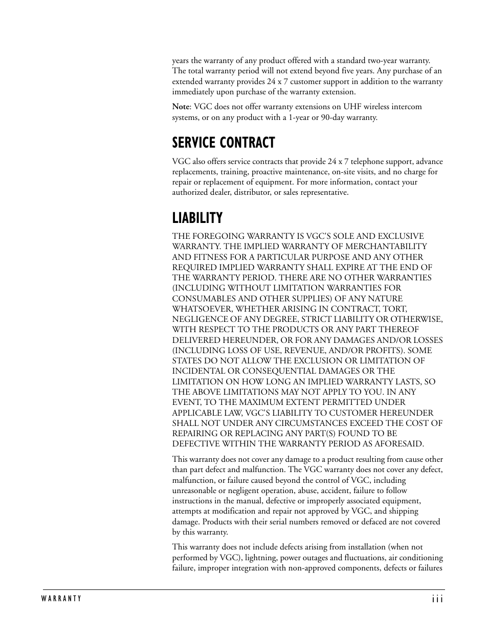 Service contract, Liability, Service contract -iii | Clear-Com RCS-2700 User Manual | Page 53 / 54