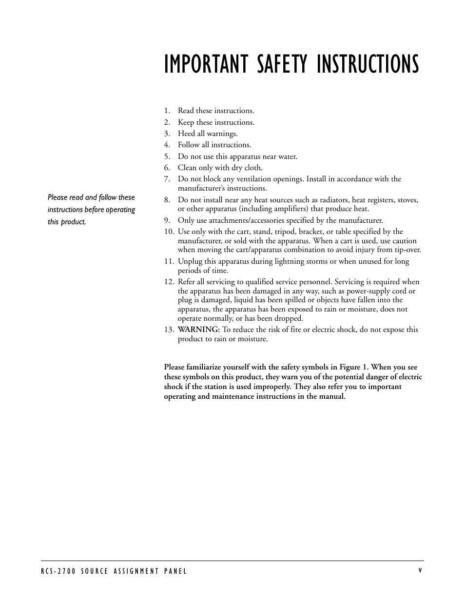 Important safety instructions | Clear-Com RCS-2700 User Manual | Page 7 / 54