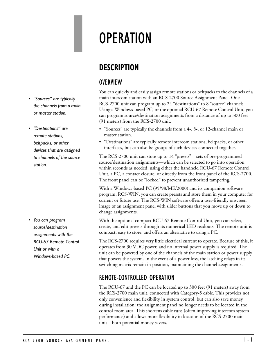 Operation, Description, Overview | Remote-controlled operation, Operation -1, Description -1, Overview -1 remote-controlled operation -1 | Clear-Com RCS-2700 User Manual | Page 9 / 54