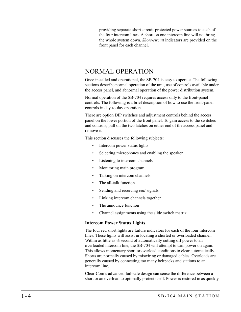 Normal operation, Intercom power status lights, Normal operation -4 | Intercom power status lights -4 | Clear-Com SB-704 User Manual | Page 10 / 42