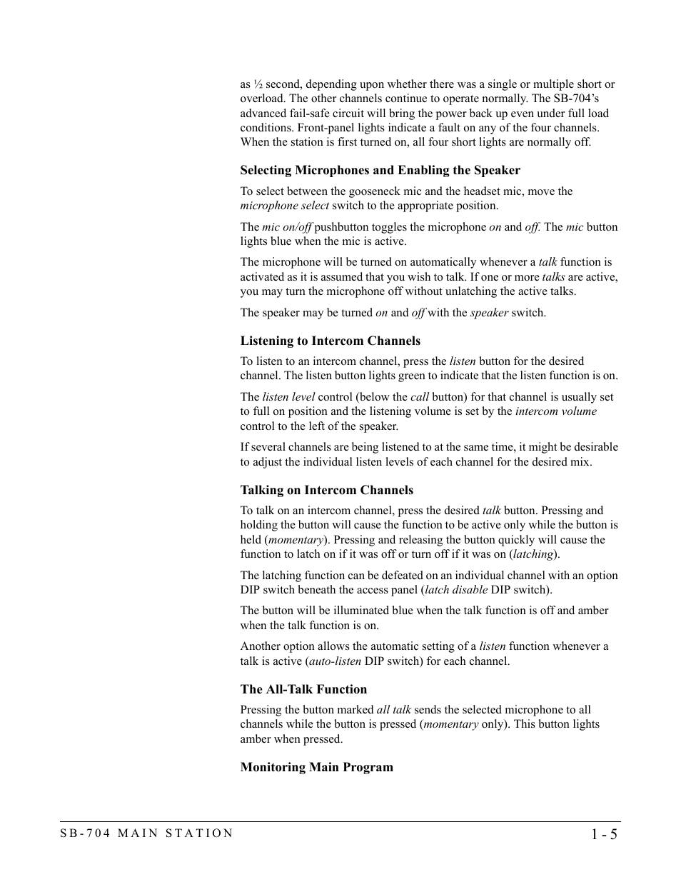 Selecting microphones and enabling the speaker, Listening to intercom channels, Talking on intercom channels | The all-talk function, Monitoring main program | Clear-Com SB-704 User Manual | Page 11 / 42