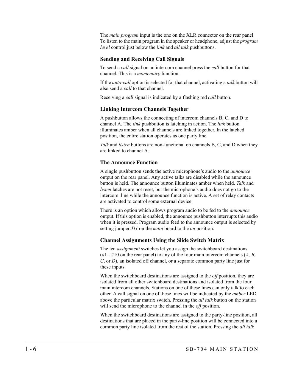 Sending and receiving call signals, Linking intercom channels together, The announce function | Channel assignments using the slide switch matrix | Clear-Com SB-704 User Manual | Page 12 / 42
