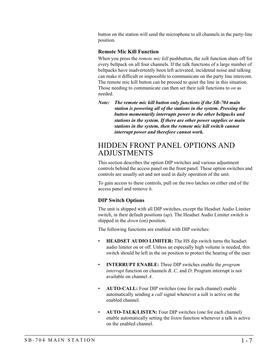 Remote mic kill function, Hidden front panel options and adjustments, Dip switch options | Remote mic kill function -6, Hidden front panel options and adjustments -7, Dip switch options -7 | Clear-Com SB-704 User Manual | Page 13 / 42