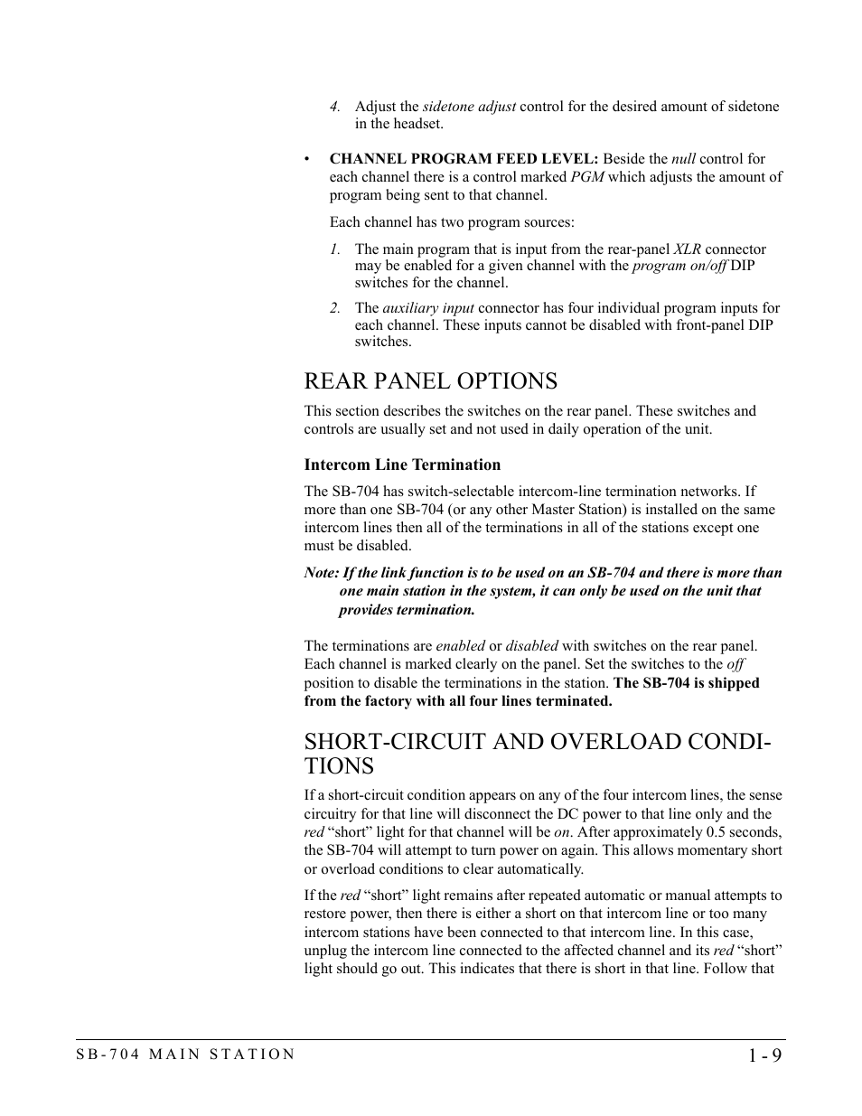 Rear panel options, Intercom line termination, Short-circuit and overload conditions | Rear panel options -9, Intercom line termination -9, Short-circuit and overload conditions -9, Short-circuit and overload condi- tions | Clear-Com SB-704 User Manual | Page 15 / 42