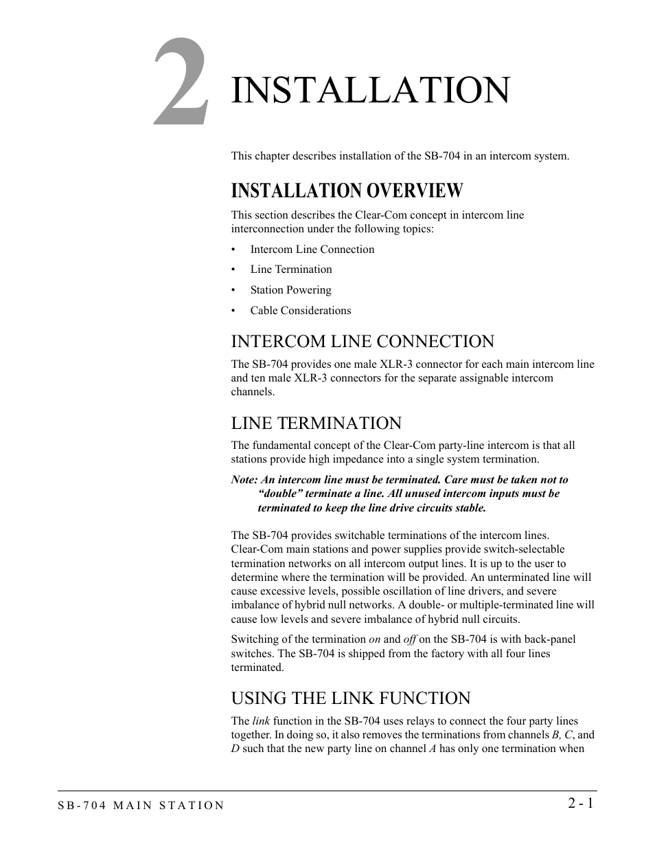 Installation, Installation overview, Intercom line connection | Line termination, Using the link function, Installation -1, Installation overview -1 | Clear-Com SB-704 User Manual | Page 19 / 42