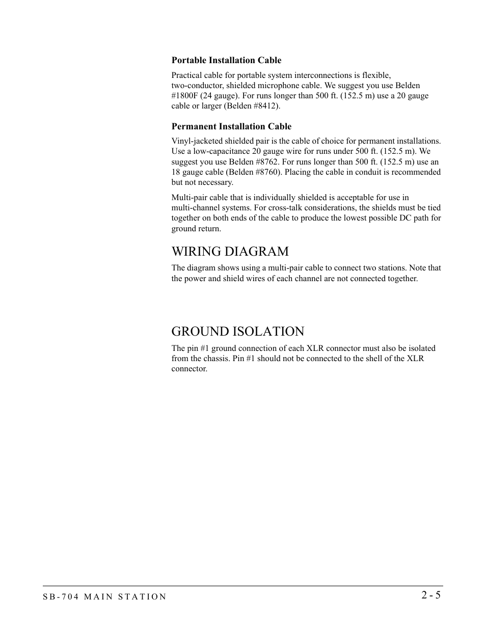 Portable installation cable, Permanent installation cable, Wiring diagram | Ground isolation, Wiring diagram -4 ground isolation -5 | Clear-Com SB-704 User Manual | Page 23 / 42